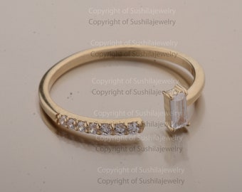 Handmade 14k Yellow Gold Baguette Diamond Cuff Ring: Minimalist Jewelry