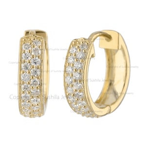 Genuine 0.36 Ct. Double Row Diamond Huggie Hoop Earrings, Solid 14k Yellow Gold Wide Hoop Earrings, Handmade Wedding Earrings