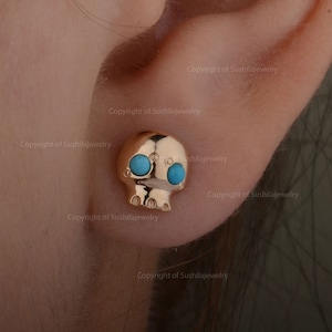 Natural Sleeping Beauty Turquoise Stud Earrings Solid 14K Yellow Gold Tiny Skull Stud Earrings Jewelry Halloween Birthday Gift For Her
