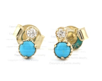 Genuine Sleeping Beauty Turquoise Gemstone Diamond Stud Earrings Solid 14K Yellow Gold December Birthstone Earrings