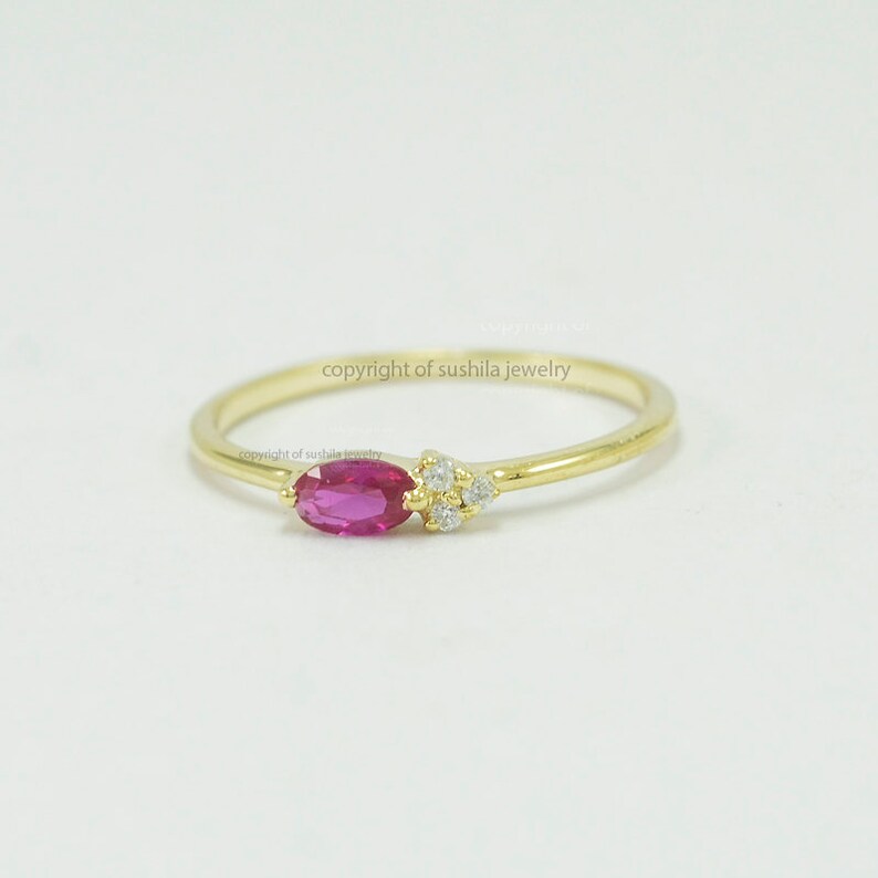 Genuine Ruby Gemstone With Diamond Wedding Engagement Band Ring in Solid 14k Yellow Gold Handmade Minimalist Jewelry