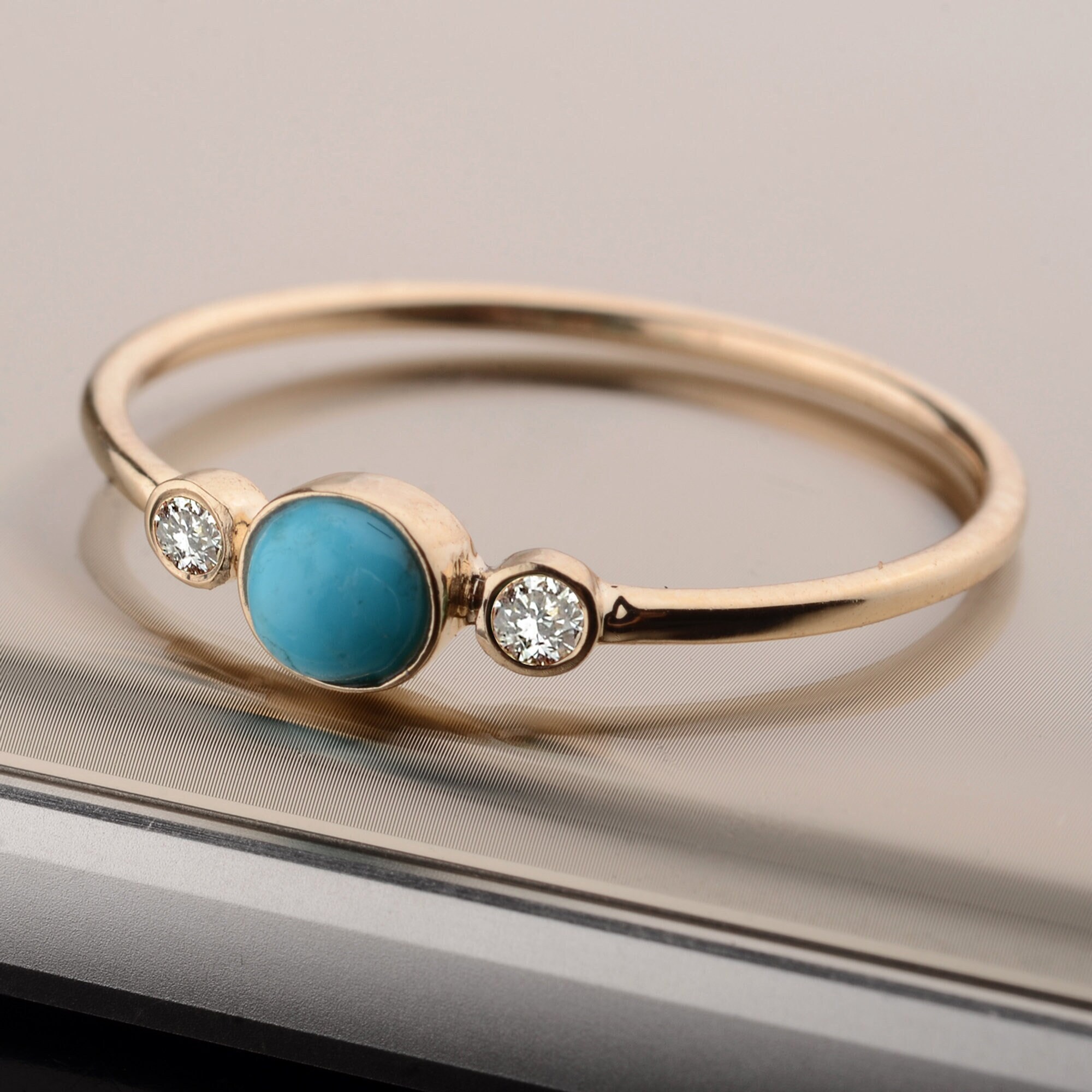 14K Yellow Gold Diamond & Arizona Turquoise Ring: Minimalist Fine
