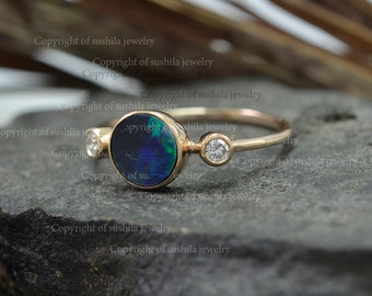 Natural Blue Opal Gemstone SI Clarity G Color Diamond Stackable Ring Birthstone Jewelry