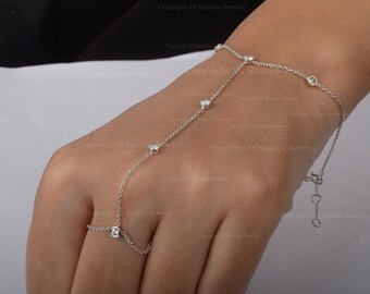 Natural 0.47 Ct. SI G H Bezel Set Diamond Slave Chain Bracelet Solid 14K White Gold Hand Chain Bracelet Minimalist Jewelry Mother's Gift