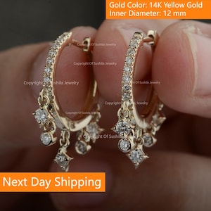 Genuine 0.43 Ct. SI Clarity G-H Color Diamond Drop Huggie Hoop Earrings Solid 14k Yellow Gold Handmade Minimalist Jewelry Best Gift for her