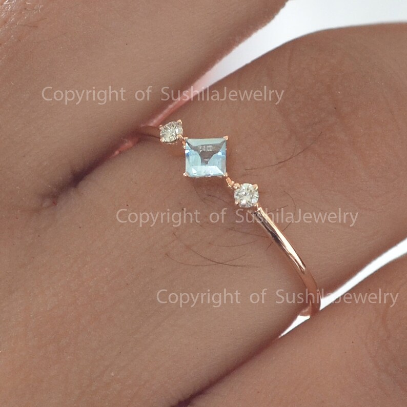 Genuine Aquamarine Gemstone Ring in 14k Yellow Gold Wedding Anniversary SI Clarity G Color Diamond Stackable Ring Handmade Jewelry