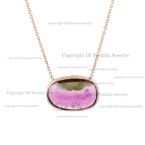 Genuine Oval Cut Watermelon Tourmaline Pendant Necklace Solid 14K Yellow Gold Handmade Fine Jewelry October Birthstone Necklace