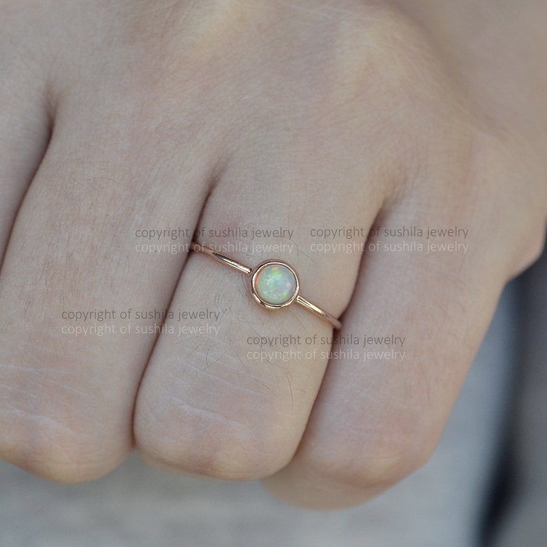 14k Solid Yellow Gold Natural Round Opal Gemstone Engagement Band Stackable Ring Handmade Minimalist Jewelry