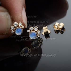 Genuine 0.56 Ct Rainbow Moonstone Gemstone & Pave SI Clarity G-H Color Diamond Cat Dog Lover Paw Stud Earrings Solid 14K Yellow Gold Jewelry