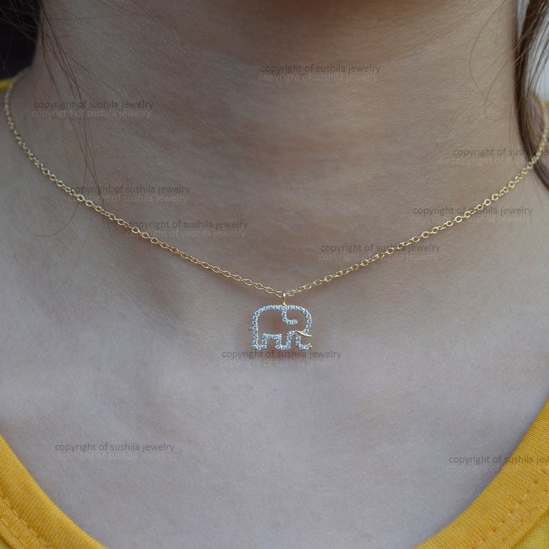 Genuine SI Clarity G Color Pave Diamond Charm Choker Elephant design Pendant Necklace Solid 14k Yellow Gold Handmade minimalist Jewelry Gift