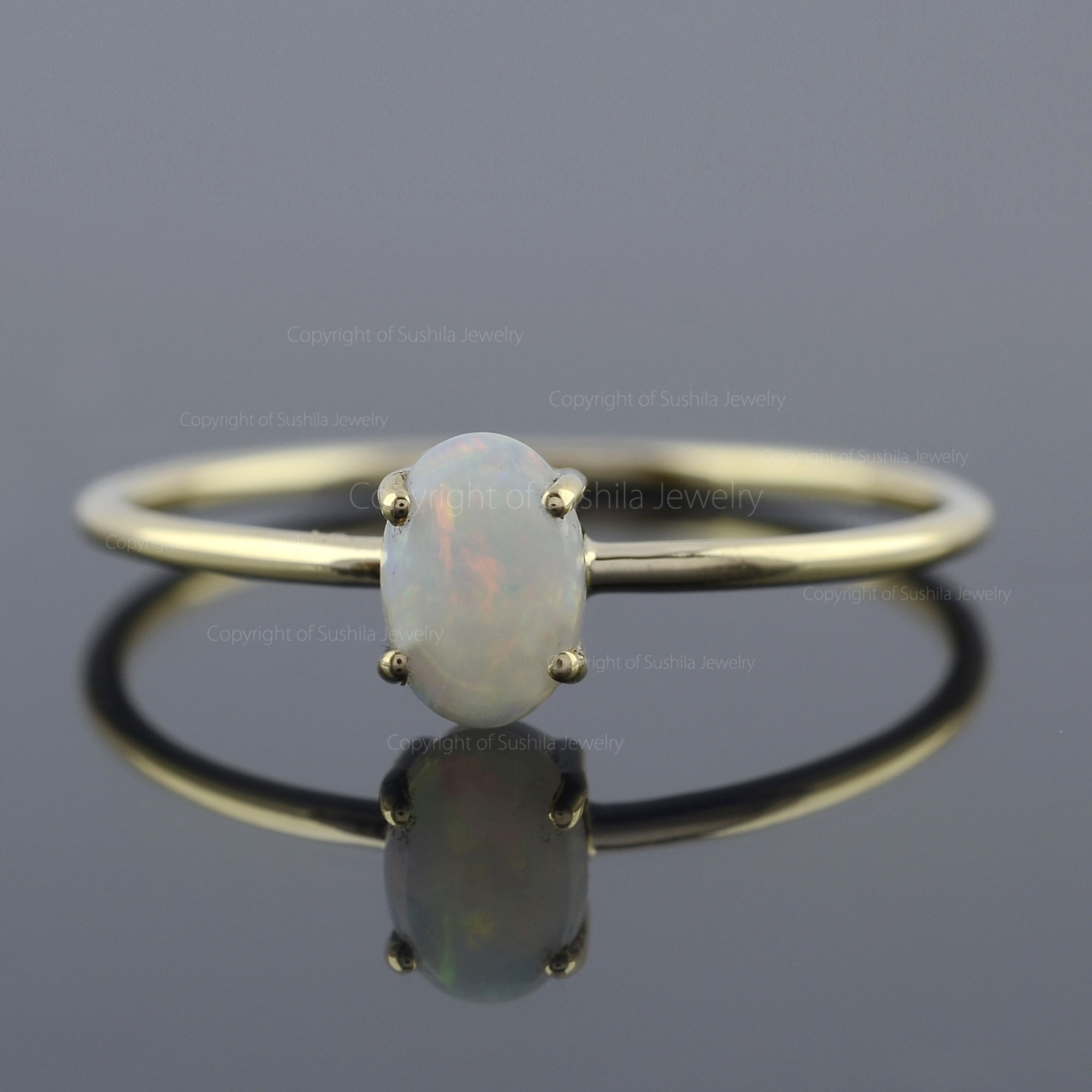 Natural Oval Ethiopian Opal Petite Ring, 14K Solid Yellow Gold Handmade Ring, Minimalist Engagement Ring, Statement Jewelry, Gift For Her