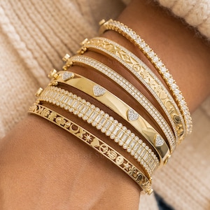 14K Gold Diamond Heart Bangle Bracelet: Natural Diamond Cluster