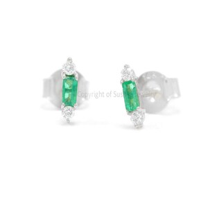 Solid 14k Yellow Gold Genuine Baguette Emerald Studs Real SI Clarity G-H color Diamond Tiny Earrings Minimalist Jewelry Christmas Gift image 8