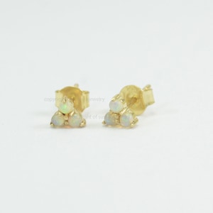 Genuine Opal Gemstone Tiny Stud Earrings in Handmade 14k Solid Yellow Gold Minimalist Jewelry