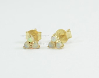 Genuine Opal Gemstone Tiny Stud Earrings in Handmade 14k Solid Yellow Gold Minimalist Jewelry