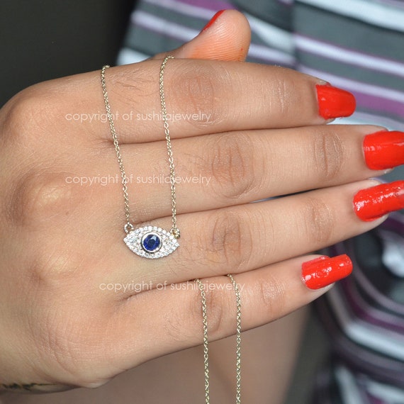 14k Gold Diamond Evil Eye Necklace: Sapphire Good Luck Charm