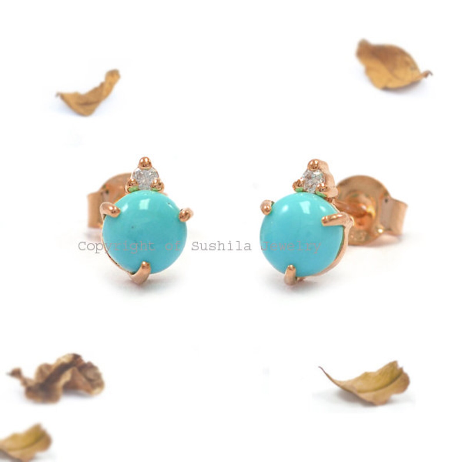 Genuine Turquoise & Diamond Stud Earrings in Handmade 14k Etsy