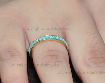 Natural Pave Turquoise Gemstone Engagement Eternity Band Ring in 14k Solid Yellow Gold Handmade  Minimalist Jewelry