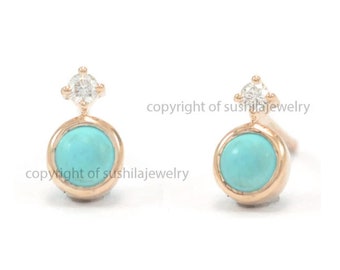 14k Gold Diamond & Turquoise Stud Earrings: Minimalist Fine Jewelry