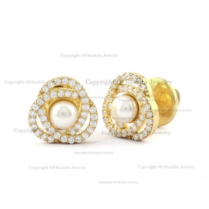 Ocean Sea Pearl Gemstone Pave SI Clarity G-H Diamond Solid 18K Yellow Gold Genuine 2.00 Ct. Wedding Stud Earrings Handmade Certified Jewelry