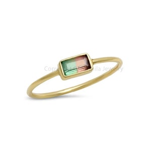 Real Baguette Rainbow Tourmaline Gemstone Stackable Ring Solid 14K Yellow Gold Handmade Minimal Anniversary, Birthday,Christmas Gift Jewelry