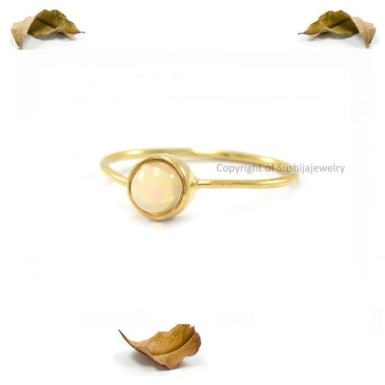 14k Solid Yellow Gold Natural Round Opal Gemstone Engagement Band Stackable Ring Handmade Minimalist Jewelry