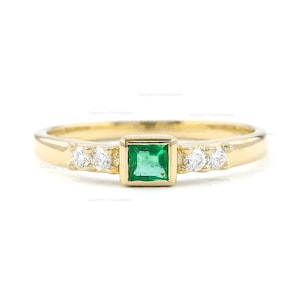 Emerald Ring, 14K Gold Emerald Diamond Ring, Natural Square Emerald Ring, Diamond Wedding Ring, May Birthstone Gift For Her