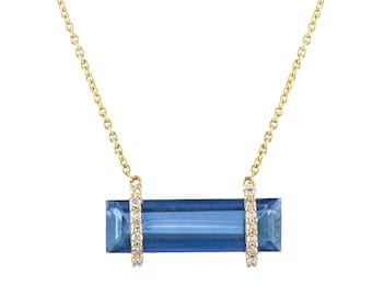 London Blautopas Kette: 14K Gelbgold Pave Diamant Rechteck Anhänger