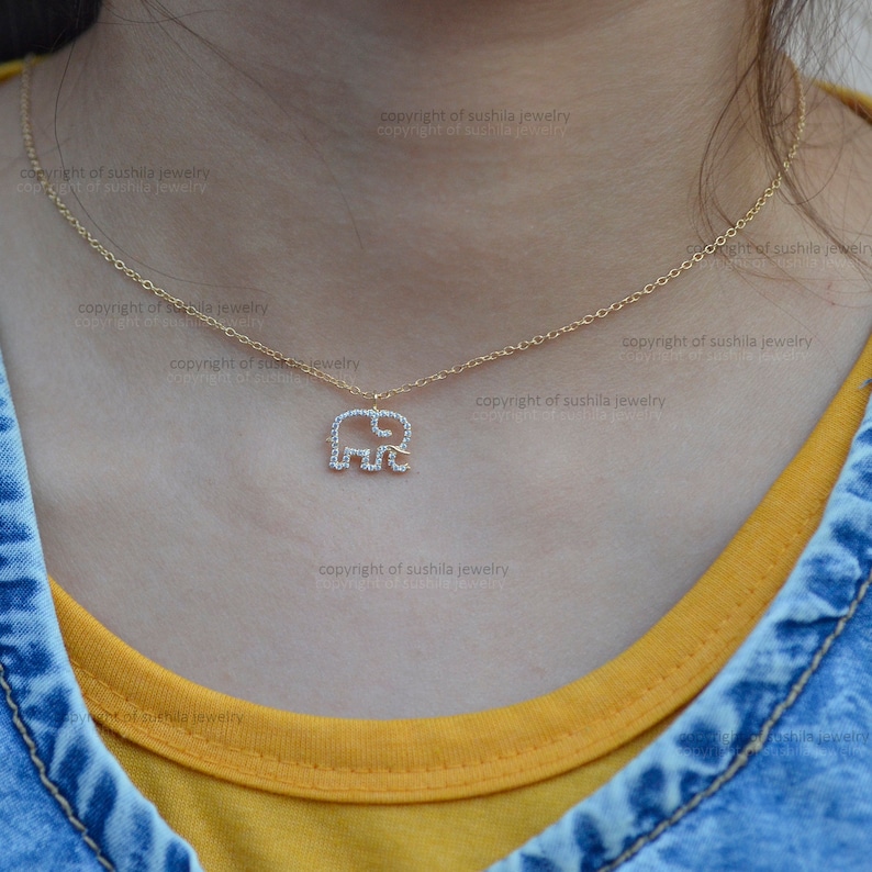 Genuine SI Clarity G Color Pave Diamond Charm Choker Elephant design Pendant Necklace Solid 14k Yellow Gold Handmade minimalist Jewelry Gift