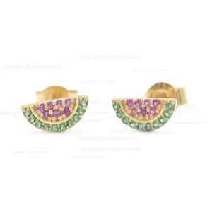 Solid 14k Yellow Gold Genuine Emerald Pink Tourmaline Gemstone Watermelon Stud Earrings, Minimalist Jewelry Gift for Her