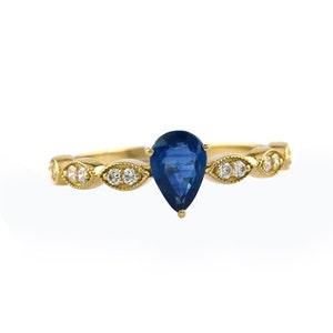 September Birthstone Ring/ Genuine Blue Sapphire Diamond Ring/ Pear Shaped Sapphire Ring/ Art Deco Ring/ Sapphire Anniversary Gifts