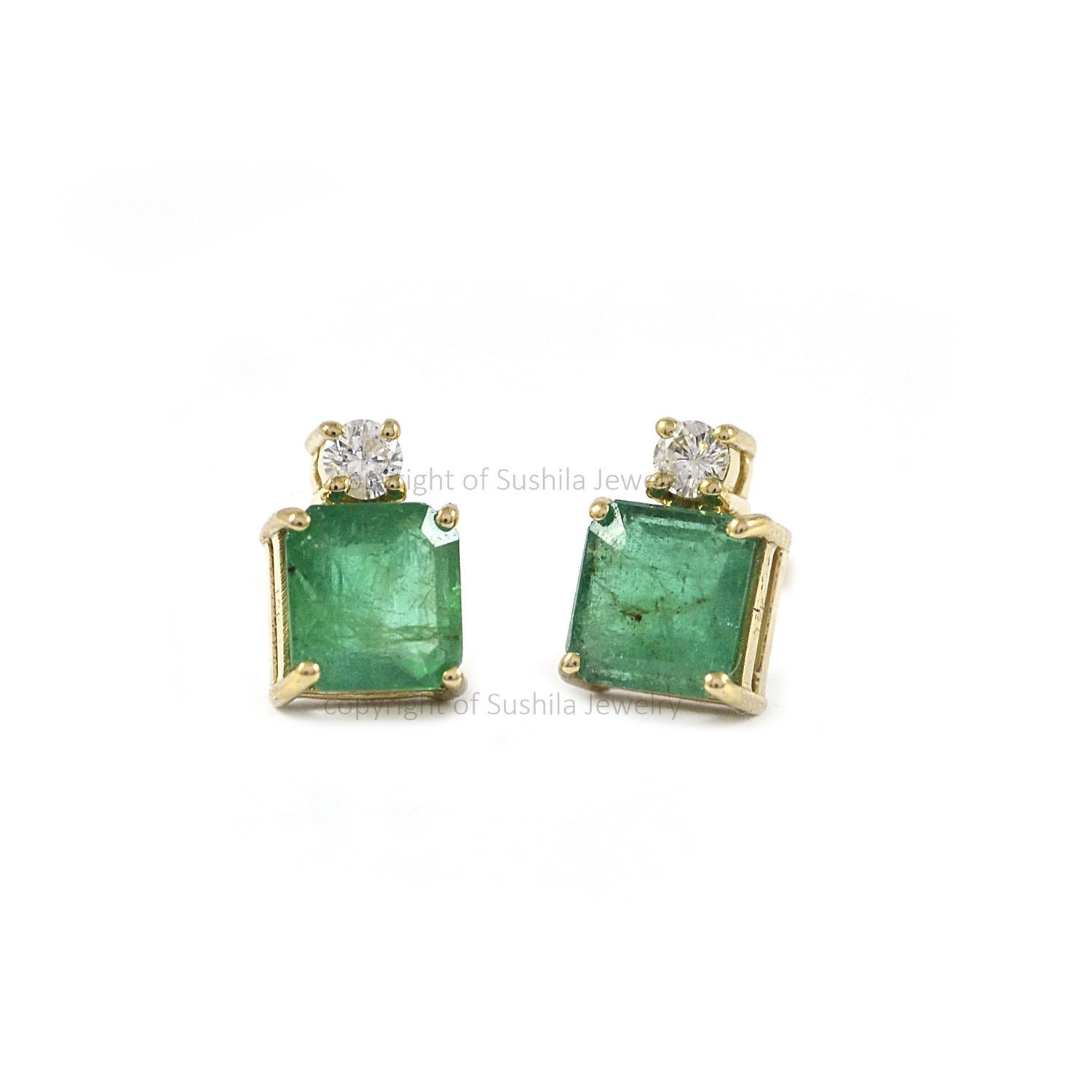本物のザンビア産オクタゴンカットエメラルドスタッドピアス14K
