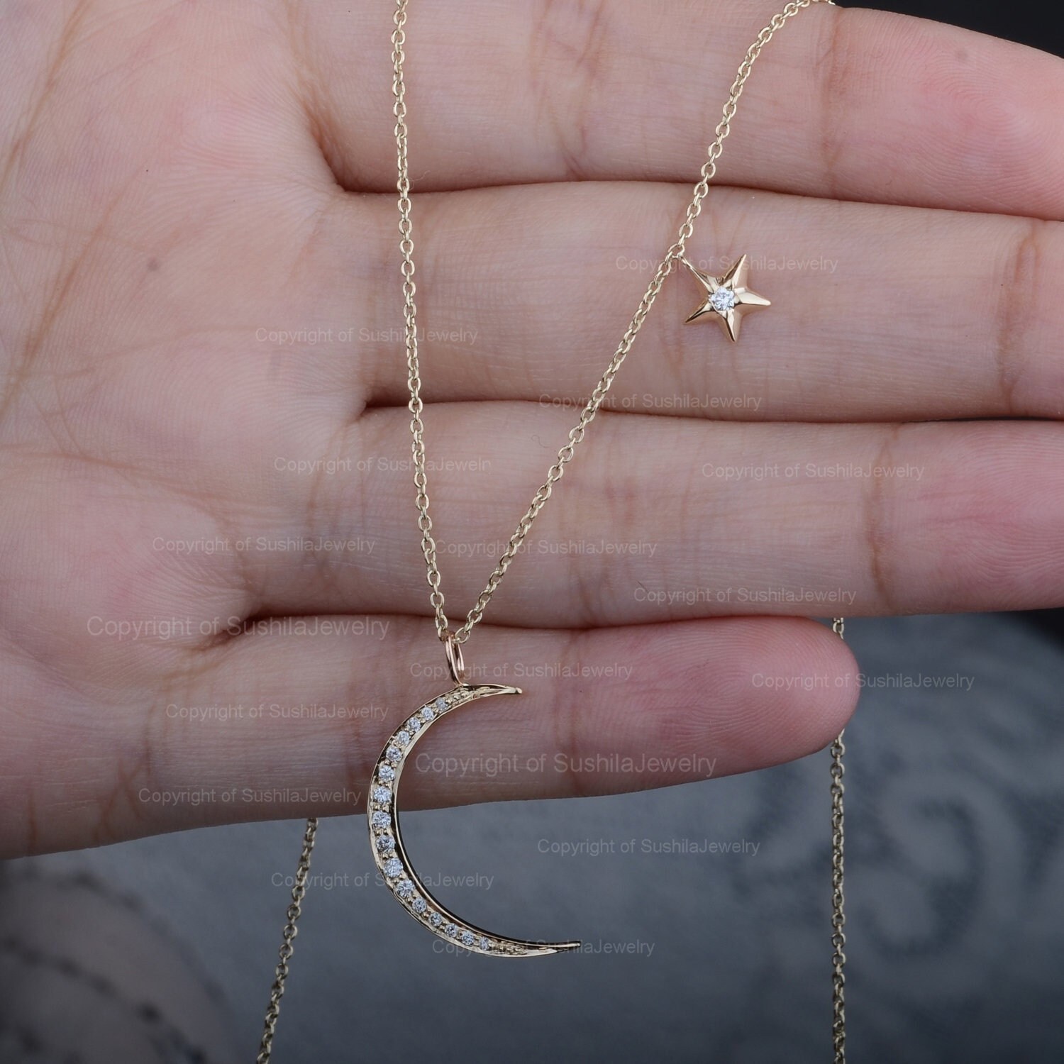 Diamond Crescent Moon Star Necklace: 14K Yellow Gold Celestial
