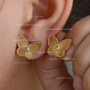 Solid 14K Yellow/Rose/White Gold Butterfly Stud Earrings Handmade Jewelry Gift For Her By Sushila Jewelry