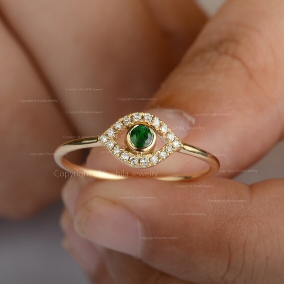 Evil Eye Ring Solid 14K Yellow Gold Real Pave Diamond Ring