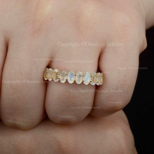 Rainbow Moonstone Ring Solid 14K Yellow Gold Oval Moonstone Full Eternity Band Bridesmaid Jewelry Moonstone Wedding Band Ring