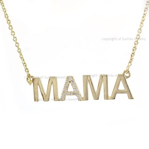 Solid 14K Yellow Gold Mama Necklaces Genuine SI Clarity G Color Diamond Necklace Minimalist Personalized Initial MAMA Mom Gift Mothers day