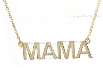 Solid 14K Yellow Gold Mama Necklaces Genuine SI Clarity G Color Diamond Necklace Minimalist Personalized Initial MAMA Mom Gift Mothers day