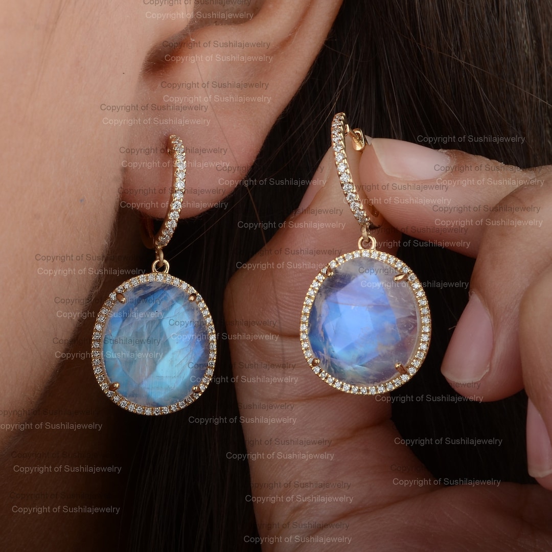 Genuine Rainbow Blue Fire Moonstone SI-GH Diamonds Drop Dangle Hoop Earrings in 14k Solid Yellow Gold Handmade Minimalist Jewelry!! In Stock