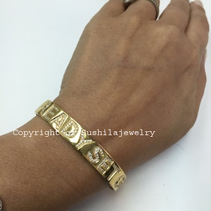 Bracciale rigido in oro giallo massiccio 14 carati certificato SI, purezza GH, con diamanti a pavé, gioiello personalizzato fatto a mano, regalo per lei.