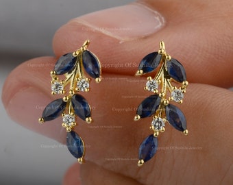 Natürliche Marquise Blaue Saphir Ohrringe/ Saphir Diamant Ohrstecker/ 14K Blattgold Ohrstecker/ Minimalistische Ohrringe für Geschenke