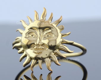 14K Gold Burning Sun Ring: Handmade Sunrise Jewelry Gift