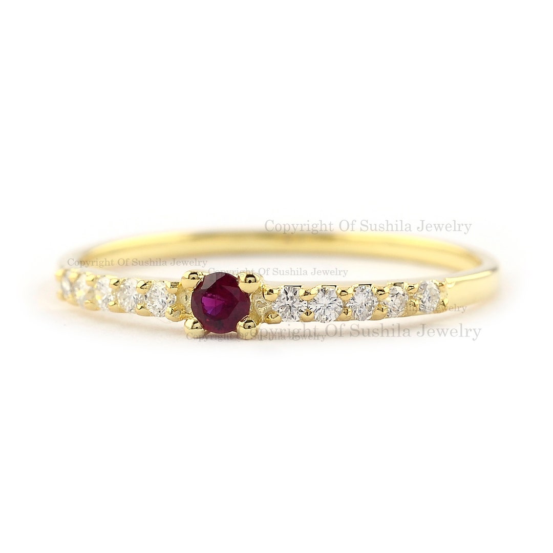 14K Gold Ruby Diamond Ring: Minimalist Half Eternity Band - Etsy
