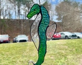 Stained Glass Blue and Green Seahorse with Clear Glass Suncatcher, Ocean Lover Gift, Birthday Gift, Tropical Decor, Nautical Decor