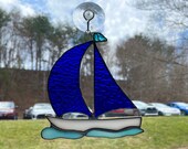 Stained Glass Cobalt Blue Sailboat Suncatcher, Nautical Decor, Birthday Gift, Coastal Decor, Tropical Decor