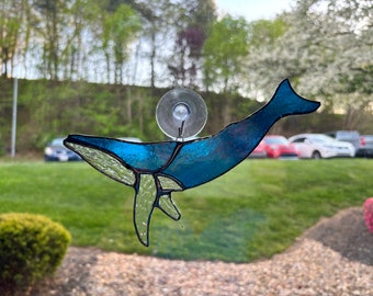 Stained Glass Iridescent Turquoise Humpback Whale Suncatcher, Ocean Lover Gift, Beach House Decor, Coastal Decor, Whale Art