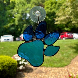 Stained Glass Blue Cathedral Paw Print Suncatcher, Animal Lover Gift, Dog Gift, Pet Memorial, Dog Print