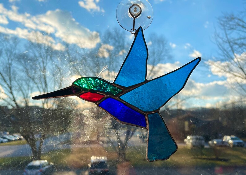 Hummingbird Gift Birds Stained Glass Medium Aqua and Turquoise Blue Hummingbird Suncatcher Nature Decor