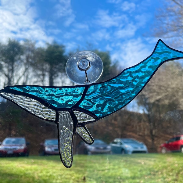 Stained Glass Iridescent Aqua Rippled  Humpback Whale Suncatcher, Ocean Lover Gift, Beach House Decor, Coastal Decor, Whale Art
