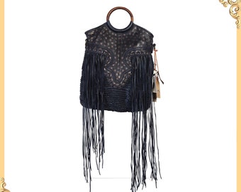 Art N Vintage leather Handbag - Crossbody Sling Bag for Women with Boho Wooden Handle Weaving - Fringes and Metallic Print - Navy Blue